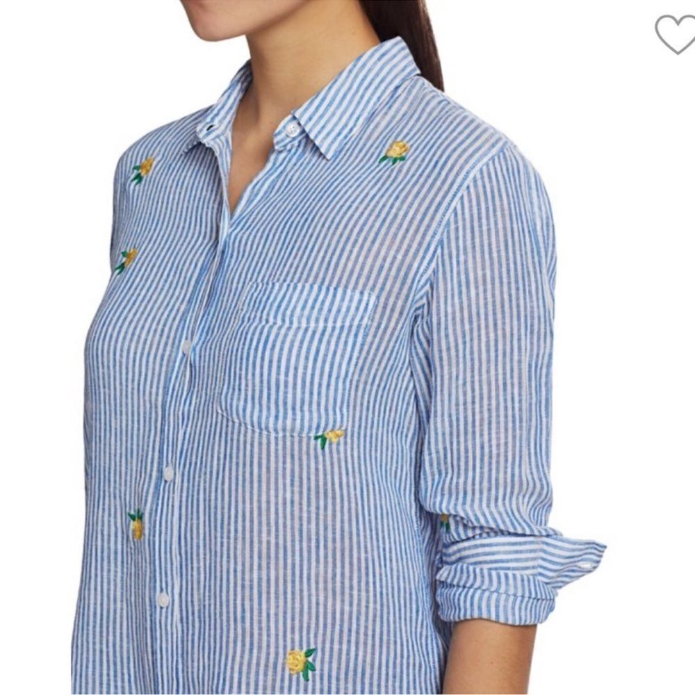 Rails L Charli Blue White Vertical Stripes Yellow Green Embroidered Roses Shirt - Picture 7 of 15